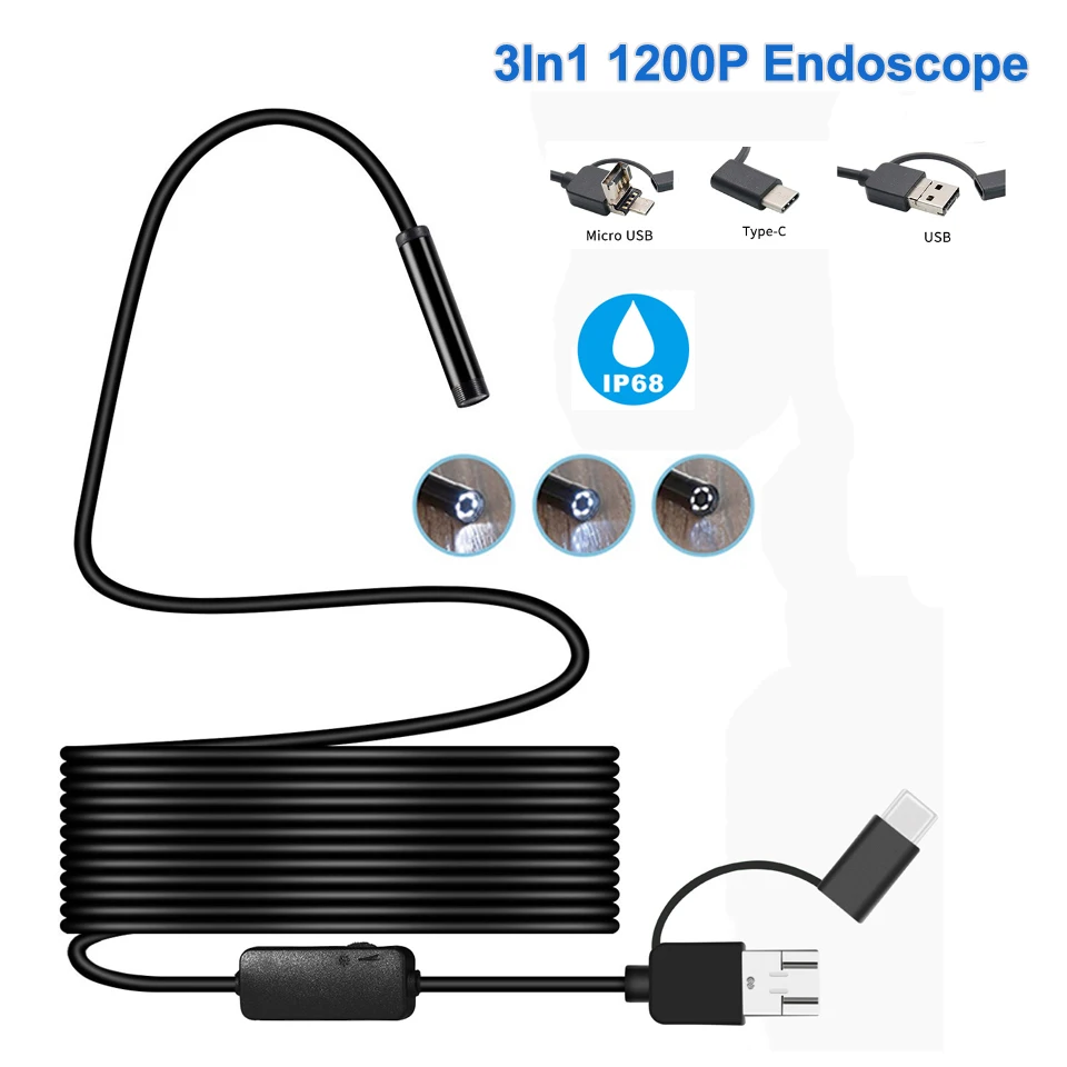 1200 P 3in1 USB эндоскопа Andriod бороскоп 8 мм объектив HD Водонепроницаемый IP68 мягкая
