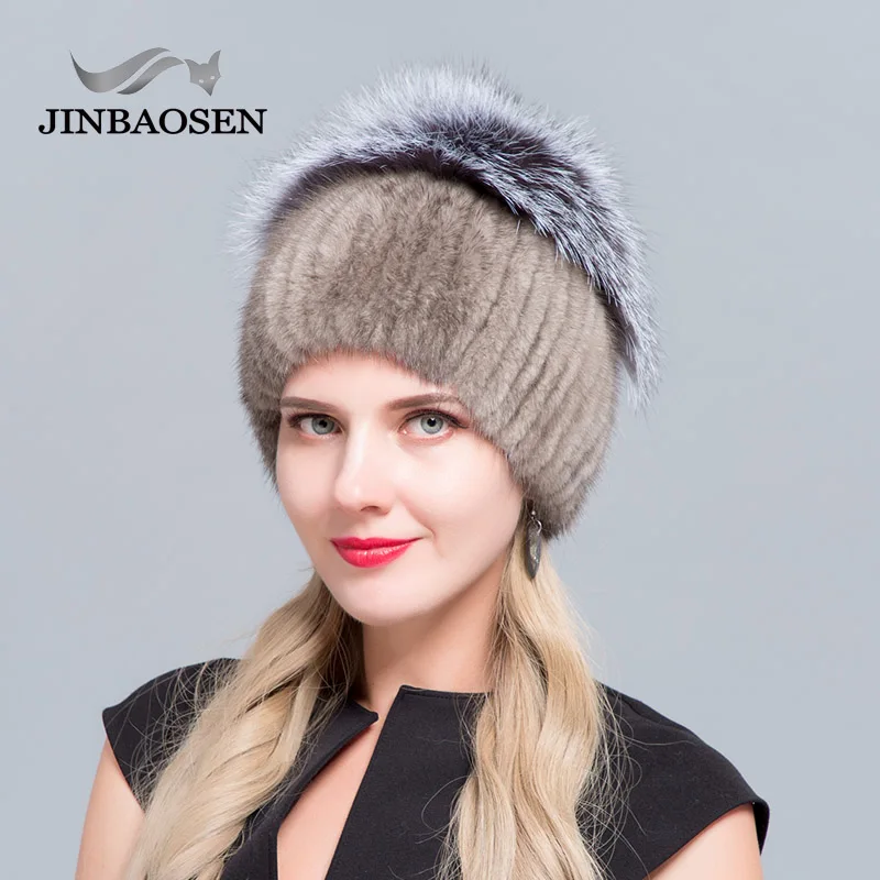 JINBAOSEN/Новинка; Лидер продаж; эластичная меховая шапка для женщин; меховая шапка для зимы; натуральная норковая шапка с серебристым лисьим мехом; помпоны; Топ; шапочки - Цвет: COLOR3