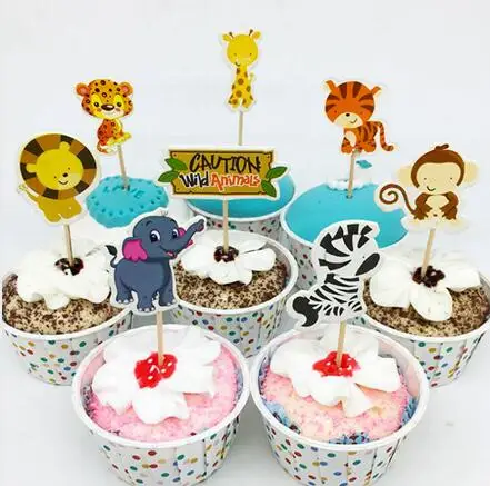 24pcs animal zoo 24 шт Детские вечерние для душа это мальчик или девочка кекс Toppers зубочистки с украшением Дети День рождения синий розовый торт топперы с палочками флаг - Цвет: 24pcs animal zoo