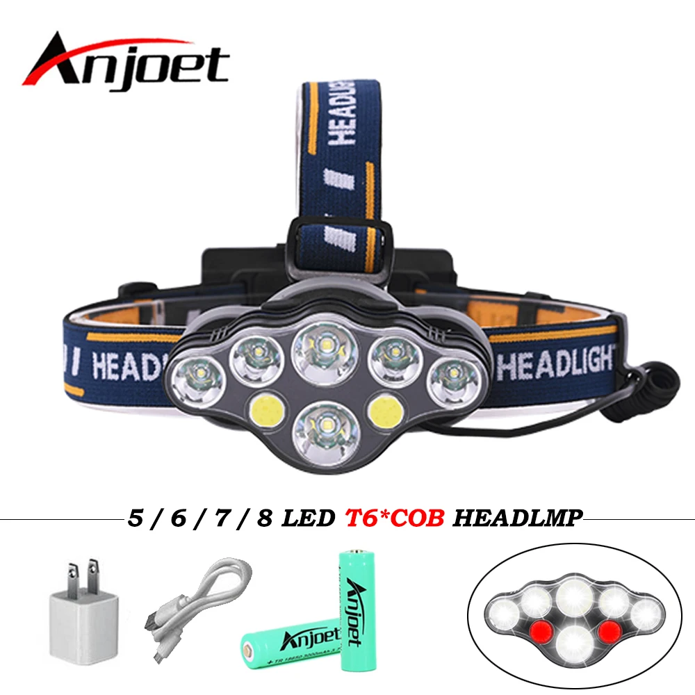 

Anjoet T6+COB Red Light Headlamp 8 Modes Headlight USB Rechargeable Head Torch Flashlight For Lamp Fishing Hunting 18650 Battery