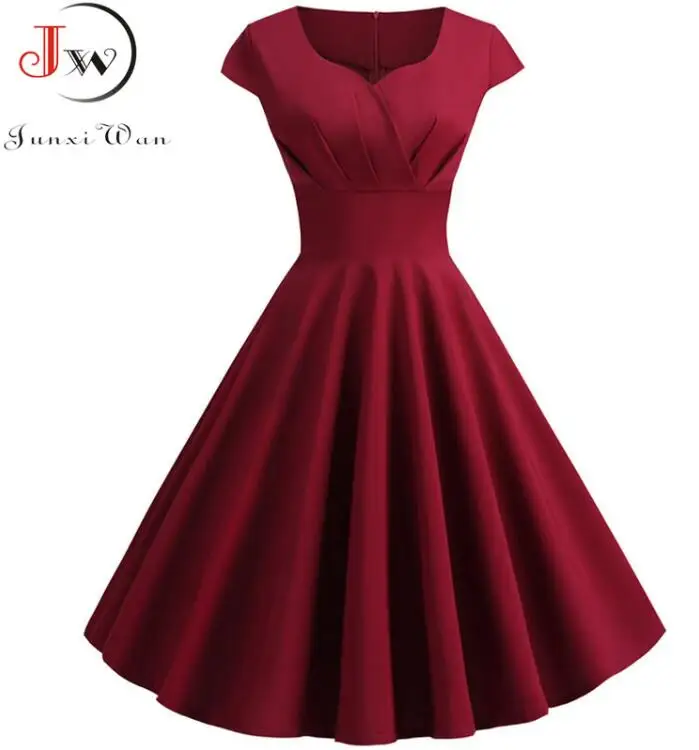 WINE RED Летнее женское платье с коротким рукавом Хепберн 50s 60s винтажное пин-ап рокабилли платье халат размера плюс элегантное вечернее платье - Цвет: WINE RED