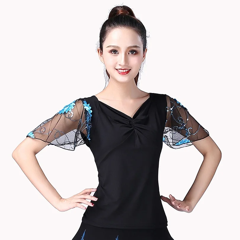 Light Blue Топ для бальных танцев, блуза фламенко, стандартный современный танцевальный костюм, одежда для выступлений, одежда для вальса, Одежда для танцев с короткими рукавами, 7 цветов - Цвет: Light Blue