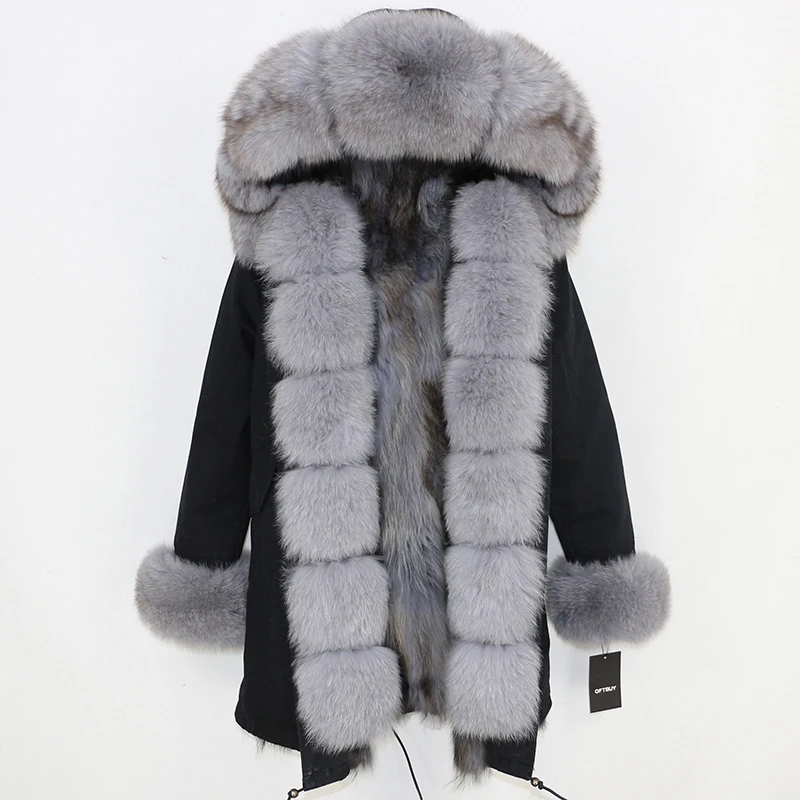 OFTBUY, длинная парка, зимняя куртка для женщин, натуральный Лисий мех енота, пальто с воротником, толстая теплая верхняя одежда, уличная одежда, съемная - Цвет: black grey