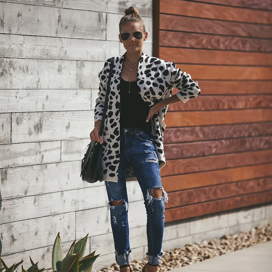 2018 Autumn Winter Women Long Open Stitch Knitted Cardigan Outwear Sleeve Leopard Print Sweater |