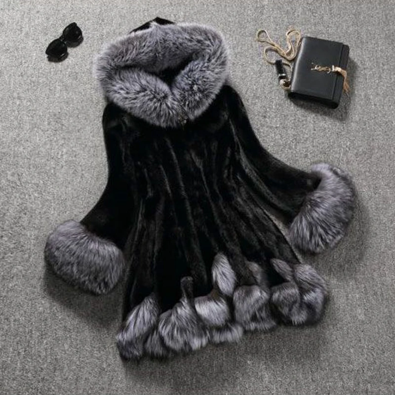 High Imitation Fur Coat Women Silver Fox Collar Hooded Mink Medium-long Overcoat Winter PC166 | Женская одежда