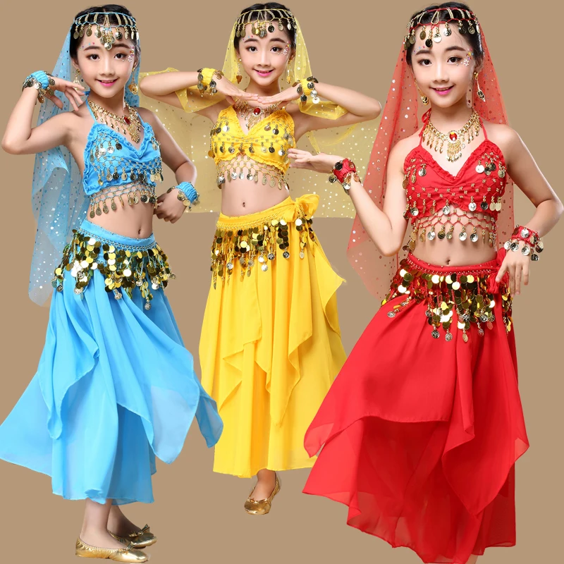 5 colors 4-5-6pcs girls Belly Dance Costume kids Indian Dancing Performance red/rose/yellow/purple/sky blue Clothing Stage skirt |