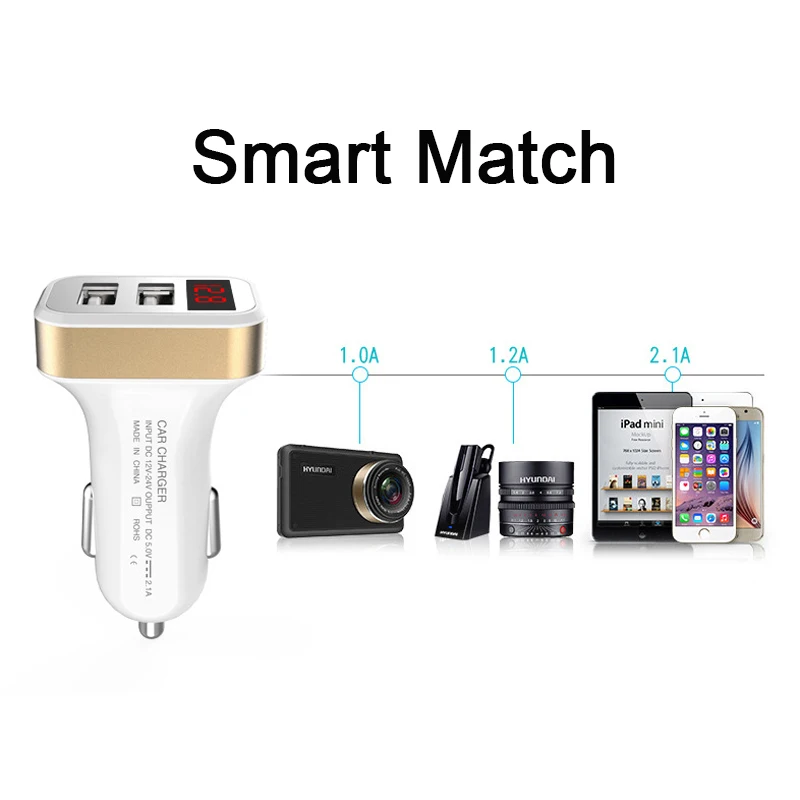 Умное автомобильное зарядное устройство с двумя USB портами и ЖК дисплеем 5 В 2 1 а