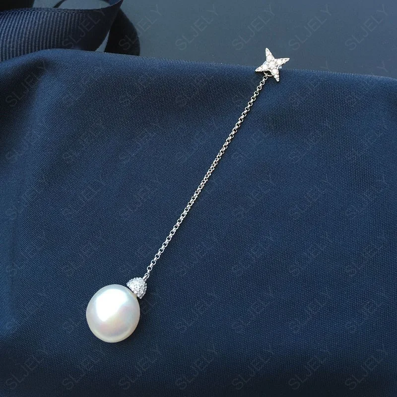 D Pearl Earring SLJELY, 925 пробы, серебряные, асимметричные серьги для женщин, циркониевые, перо, лист, Изящные Жемчужные Серьги, женские модные вечерние ювелирные изделия - Окраска металла: D Pearl Earring