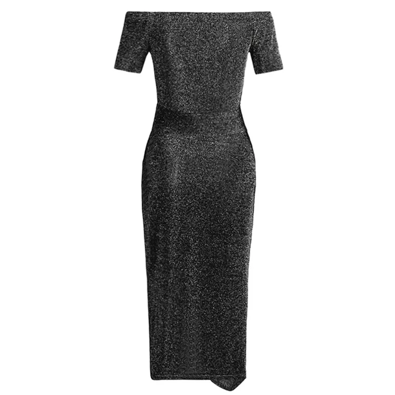 Женское платье с открытыми плечами и высоким разрезом на бедрах сверкающее