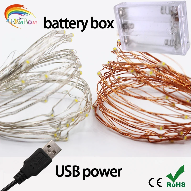 Гирлянда из медной проволоки на 20/50/100 светодиодов с питанием от USB/аккумулятора