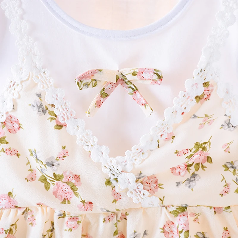 Summer Casual Chiffon Flare Sleeve Fake 2 Piece Floral Pattern Dress Baby Girls Beach 2019 Kids Toddler Princess Sundress | Детская