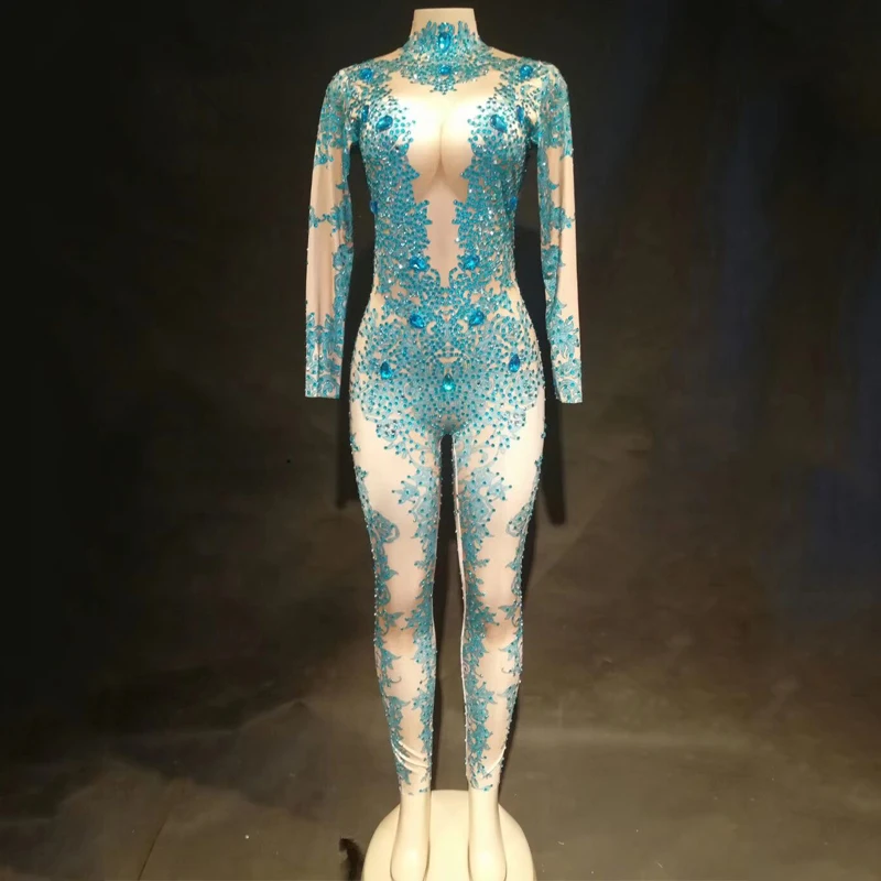 

Catsuit Zentai Suit Costume Body Sexy Blue Rhinestone For Ladies Party Gogo Salsa DS Club Bar Dj Singer Dancer Stage Wear DJ264
