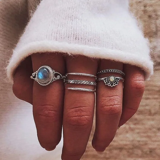 3279 50 стилей Boho Панк для женщин полые треугольные капли воды стрелка солнце драгоценный камень кристалл набор серебряных колец личность девушка ювелирные аксессуары - Цвет основного камня: 3279
