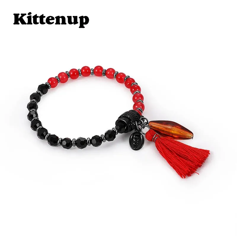 Kittenup Новая Мода Boho Стиль бусы Красный кисточкой Браслеты Натуральный камень Йога