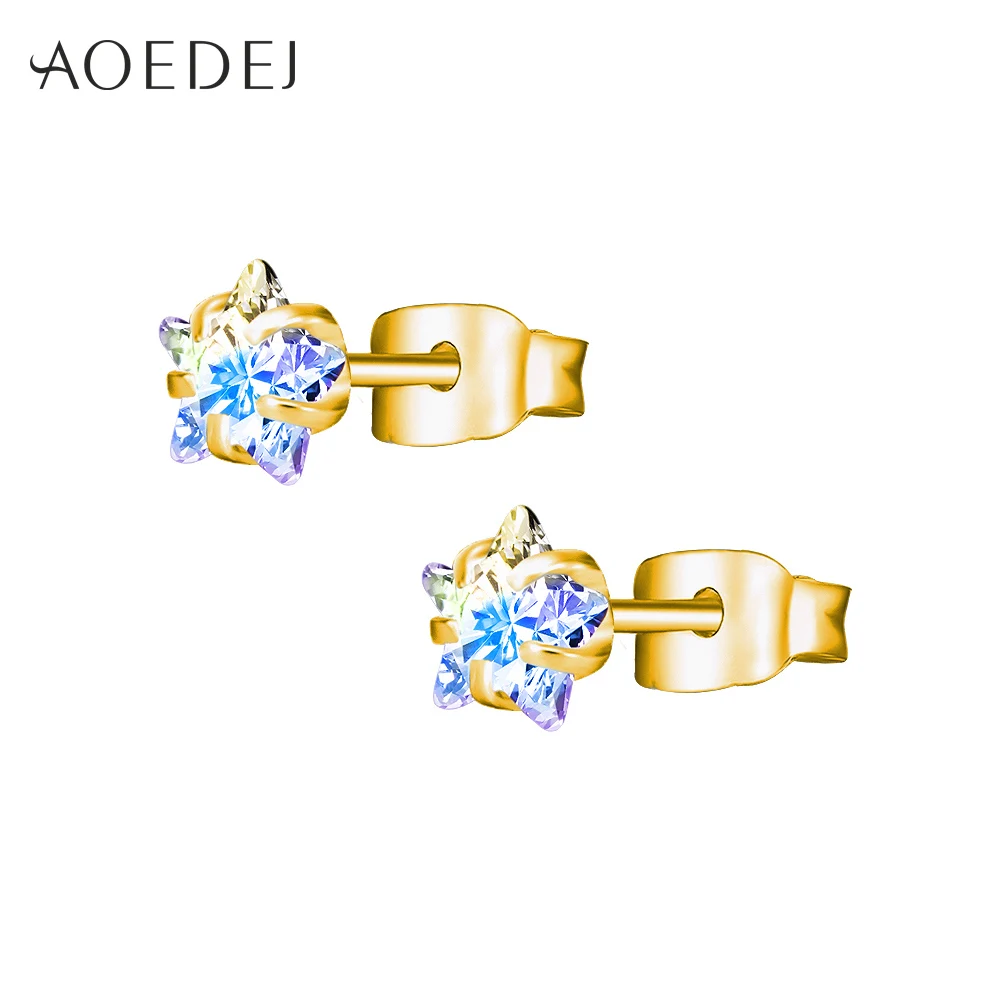 AOEDEJ 3-8 мм Золотая Звезда Серьги гвоздики из нержавеющей стали сережки со стразами розовые для женщин девушки сердце серьги цветные - Окраска металла: AB White Star Gold