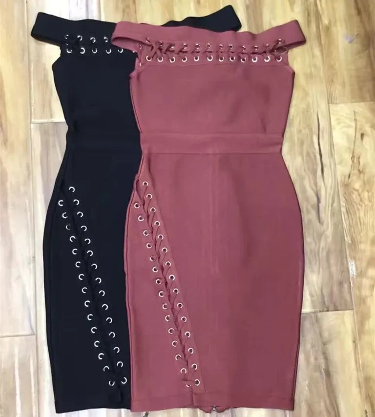 Высокое Качество Черный Коричневый Slash Шеи До Колен Район Бинты Платье Партия