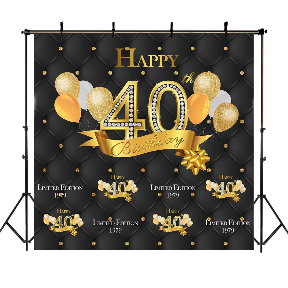

Золотистый черный фон для фотосъемки в честь 40-го дня рождения с воздушным шаром для празднования 40-го дня рождения