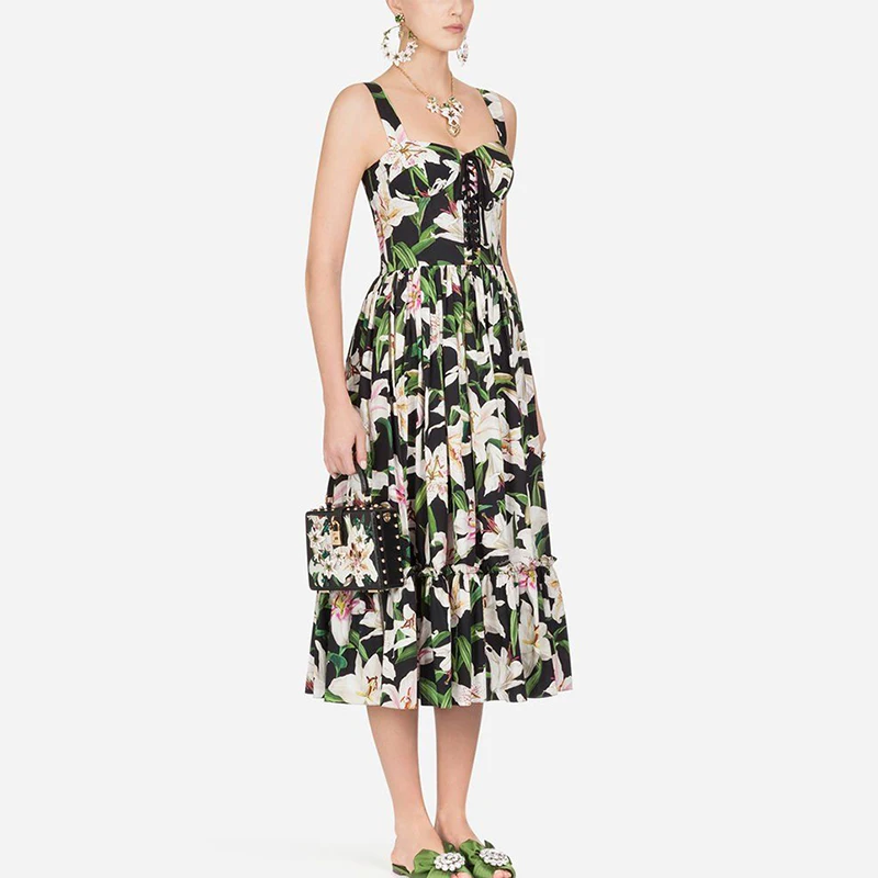 Женское пляжное платье подиумное Хлопковое на бретельках с цветочным принтом