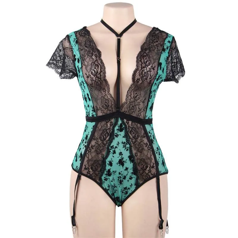 Green Lace Body Suit Сексуальные прозрачные боди с глубоким v-образным вырезом, эротический Кружевной Костюм с цветочным рисунком, с коротким рукавом, женское нижнее белье, Lencero RL80560 - Цвет: Green Lace Body Suit