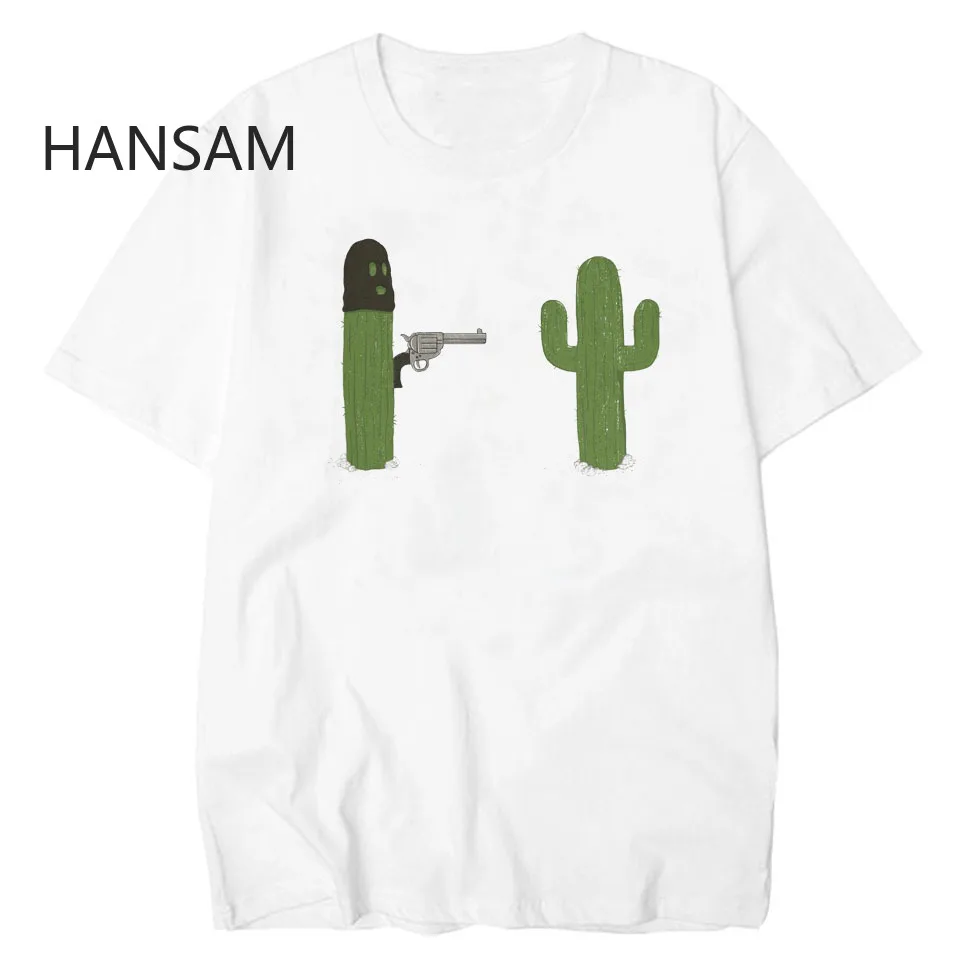Кактус с пистолетом Мужская футболка воротником Базовая Повседневная мужская