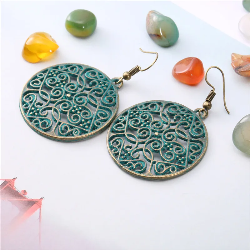 2019 Boho винтажные полые резные бронзовые серьги из сплава круглые антикварные