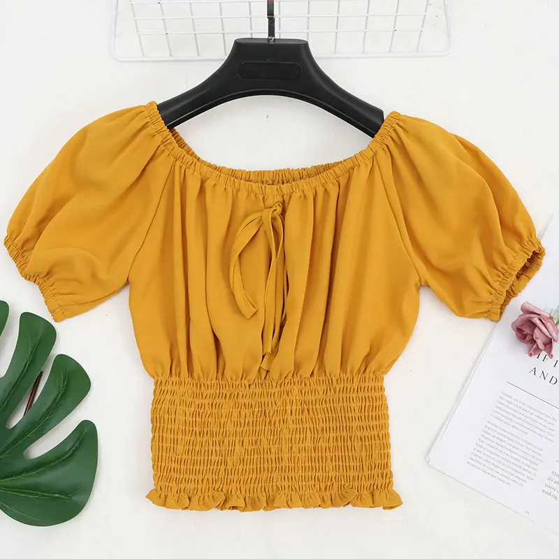 Women Blouse Shirt Женская летняя шифоновая рубашка с оборками и рукавом-фонариком, винтажный короткий эластичный тонкий пуловер, блузка, топы - Цвет: Women Blouse Shirt