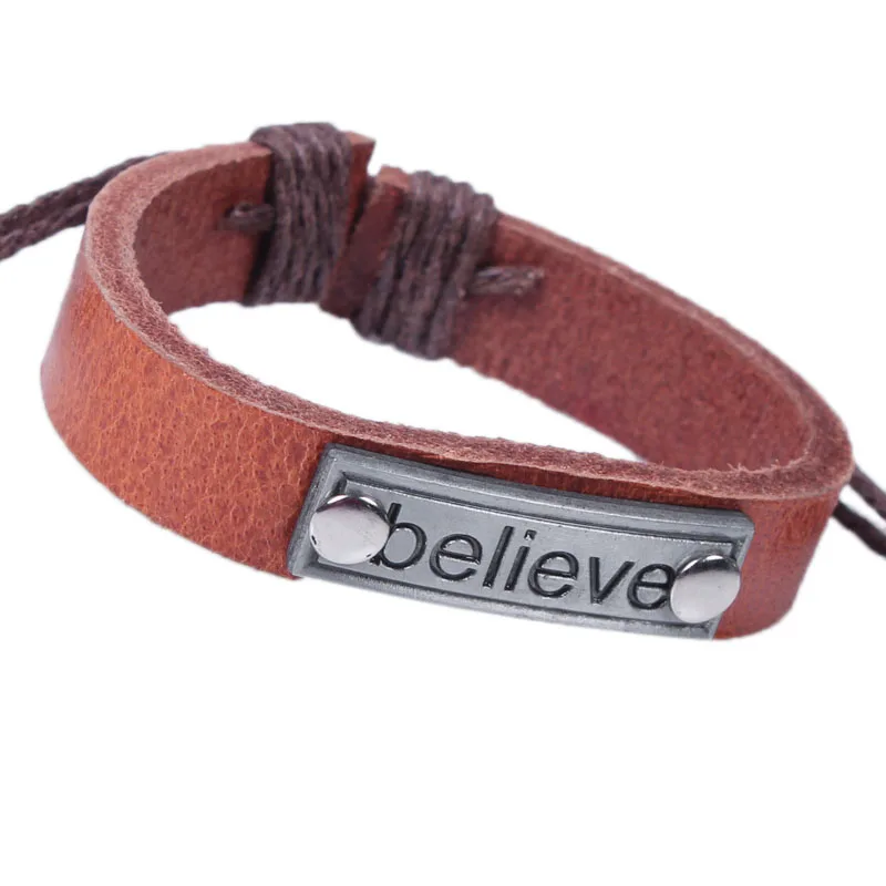 Винтажный регулируемый браслет из натуральной кожи &quotBelieve&quot на запястье