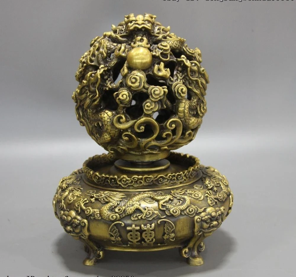 

8 Chinese Palace Brass Copper FengShui Auspicious Dragon Play Bead Ball Statue