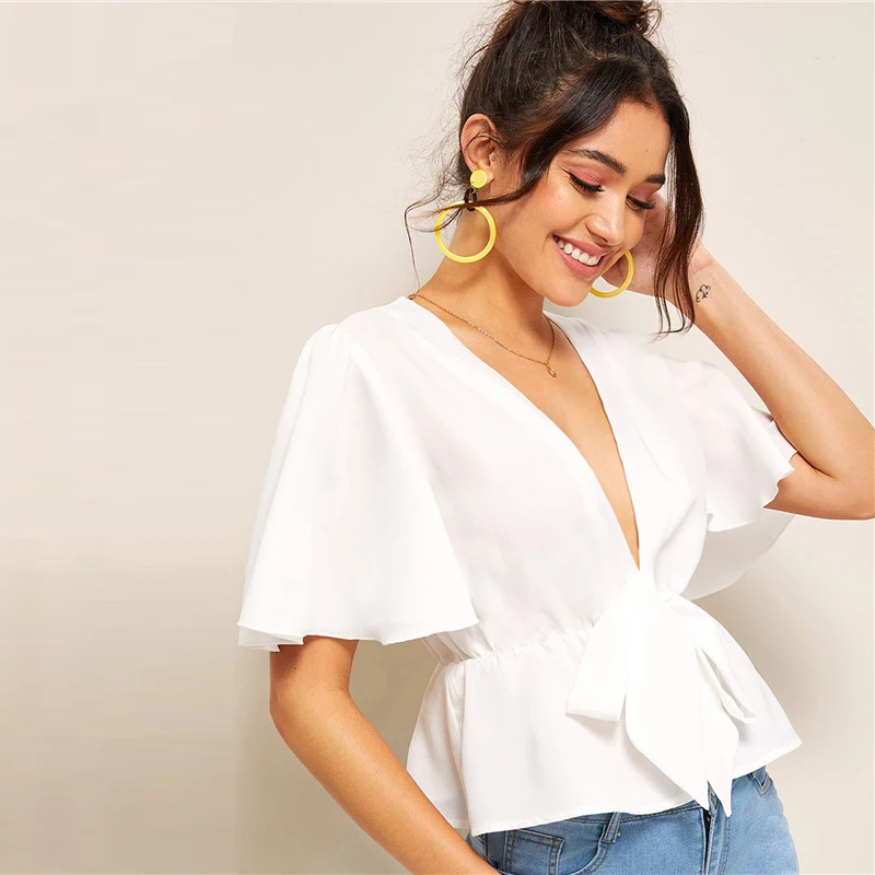 SHEIN глубокий вырез рукава-крылышки с завязкой спереди Сексуальная Блузка Для женщин летнее платье с глубоким v-образным вырезом белая блузка однотонные с коротким рукавом женские топы