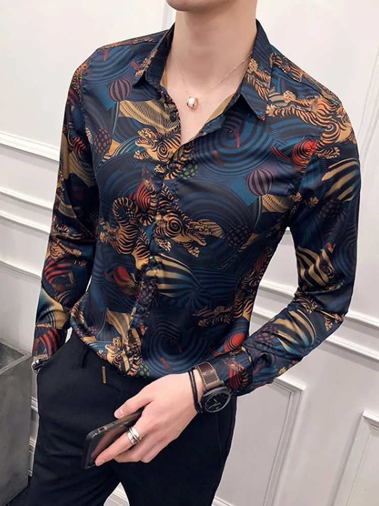 blue Роскошный рубашка со звериным принтом Для мужчин Slim Fit рубашка с длинными рукавами Camisa Masculina синяя Сорочка мужская, для общественных мест Для мужчин клуб нарядная рубашка - Цвет: blue
