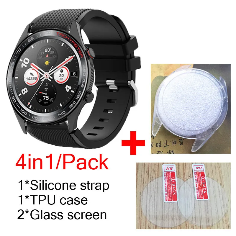 black-clear 4в1/упаковка силиконовых полос для huawei Honor watch Magic Dream ремешок ТПУ чехлы оболочка мягкий браслет для часов+ стекло Защита экрана - Цвет: black-clear