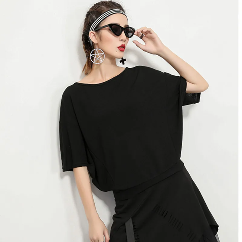 Асимметричная Женская Футболка с рукавами летучая мышь черная Свободная