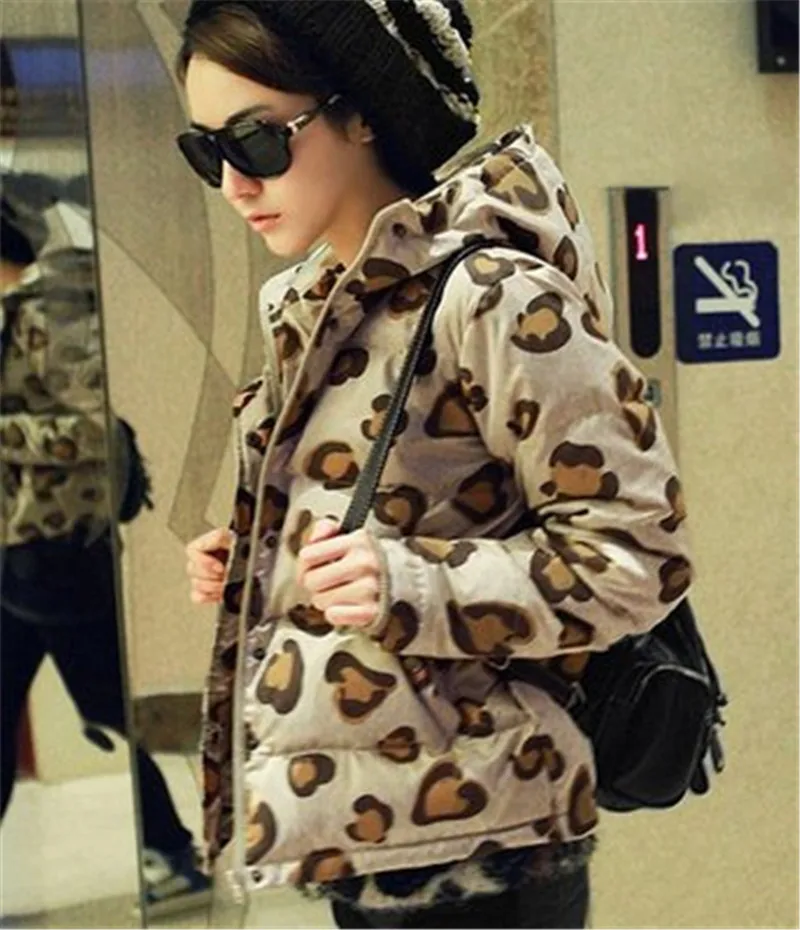 2017 Зимняя Мода Леопарда Женщин Куртка Молнии Мягкий Дамы короткий Тонкий
