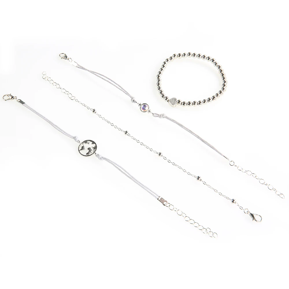 

Jewdy 4 Pcs/ Set Crystal Rope Chain Sliver Bracelets Small Hollow Earth Round Beads Bracelet Set Fashion Women Jewelry