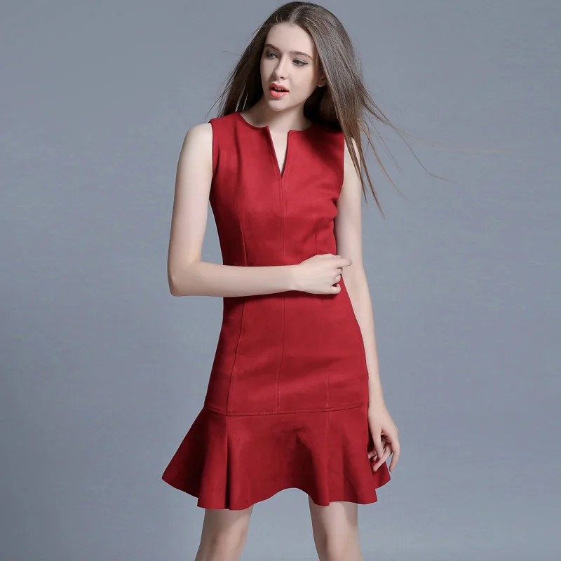 

60 Colors Spring summer autumn Customize Size sleeveless V-neck fishtail elegant Ruffles Couture all-match slim suede dresses
