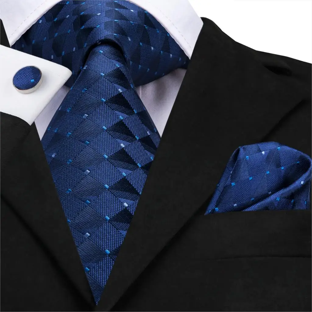 Men Blue Ties Plaid Silk Woven Necktie Checked Neck Tie Hanky Cufflinks Set Ties Gift for Wedding Party Business Hi-Tie C-3525