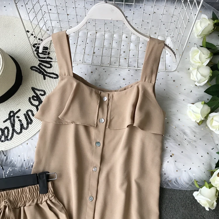ALPHALMODA/ летний однобортный Топ с оборками+ широкие брюки, Женский повседневный комплект из 2 предметов, женские летние однотонные штаны, костюмы