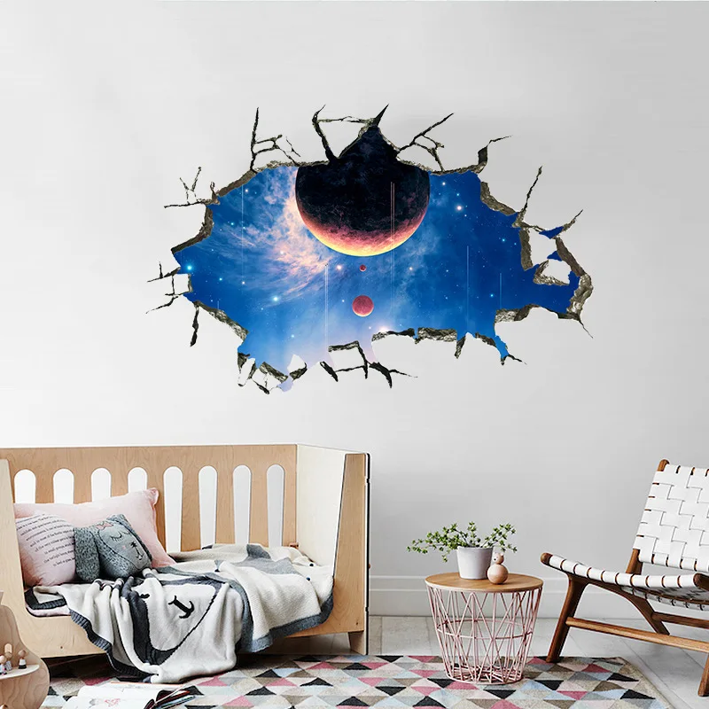3D Broken Universe Planet Space Night Wall Stickers For Home Decoration Hole Mural Art Diy Kids Room Living Decals | Дом и сад