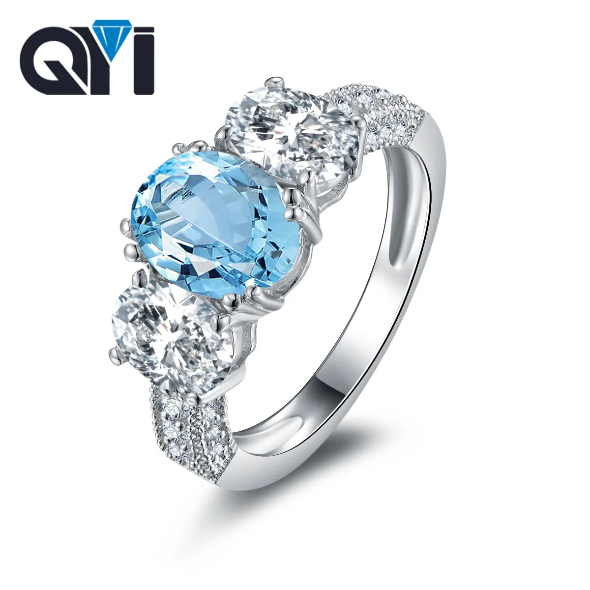 

QYI Blue Gemstone 925 Sterling Silver Jewelry Natural 2 ct Sky Blue Topaz Ring Oval Shaped Engagement Fashion Rings for Women