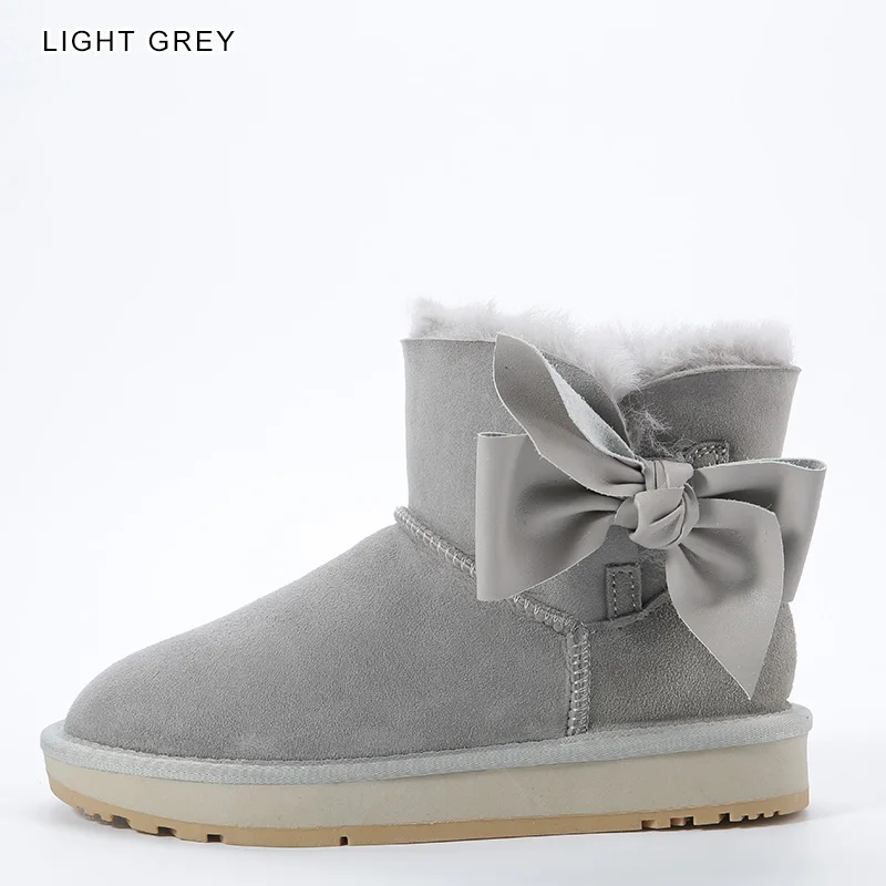 Light Grey INOE женские замшевые короткие зимние ботинки из овечьей кожи с меховой подкладкой Повседневная зимняя обувь с бантиком зимние полусапоги цвета сумерки теплые зимние ботильоны с бантом натуральный мех Размеры 35-44 - Цвет: Light Grey