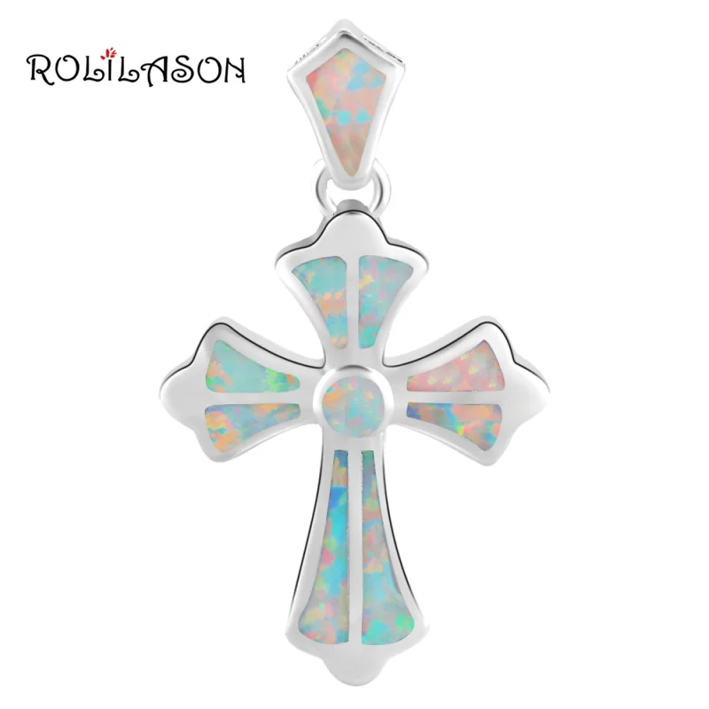 ROLILASON women cross design White Fire Opal Silver Stamped charm Pendant Health Fashion jewelry OPs699 | Украшения и аксессуары
