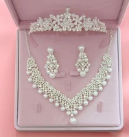 fashion silver plated flower crystal pearl bridal choker necklace earrings tiaras crown set bride headband wedding jewelry sets