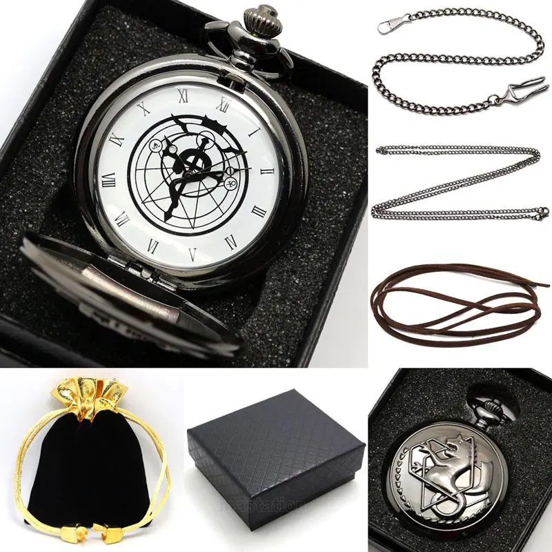 Black Silver Fullmetal Alchemist Quartz Pocket Watch Necklace Leather Chain Box Bag Relogio De Bolso Jewelry Sets Gifts masonic pocket watch luxury golden big g free mason freemasonry jewelry quartz fob watches pocket chain gifts relogio de bolso