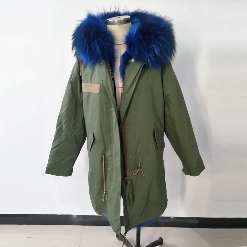 Женская меховая куртка Mrs синяя длинная парка с большим капюшоном из меха енота и