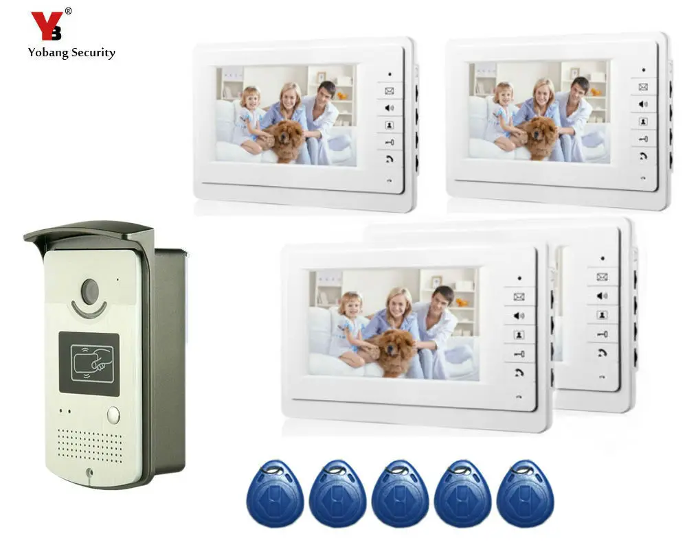 Yobang Security 7 &quotвидеодомофон с 4 белыми мониторами 5 RFID кард ридер HD дверной звонок