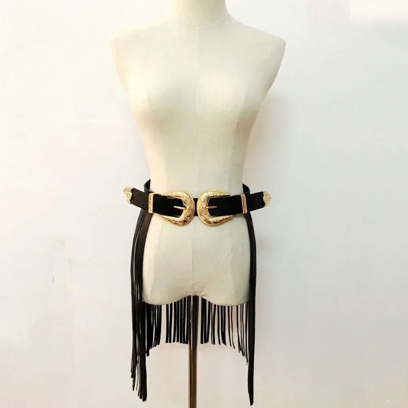 

2018 Fashion Punk Long Tassel Fringe Belt for Women Rivet Wide Hook Up Double Buckle Belt Gold Buckle Ladies Corset Belt