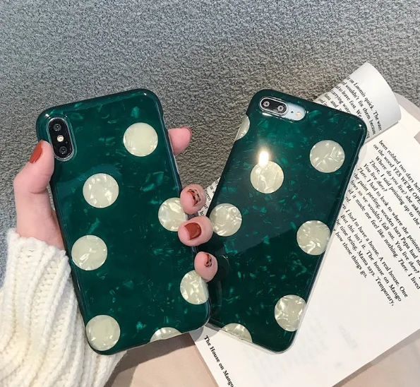 Wixcen Green Fresh Polka Dots Phone Case Glitter Shell Silicon for Iphone 6s 7plus 8 Xs Max Xr X Floral Soft Back Cover | Мобильные