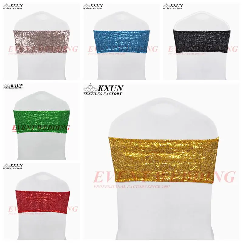 

100PCS Lot Sequin Chair Band Tie Bow Lycra Spandex Chair Cover Sash Wedding Event Decoration