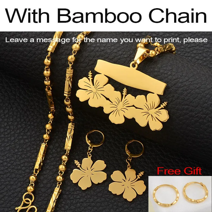 With Bamboo Chain Anniyo, заказное имя, ожерелье и серьги, Микронезия, Гуам, гавайский цветок, ювелирные наборы для печати букв, подарок на день рождения#107321 - Окраска металла: With Bamboo Chain