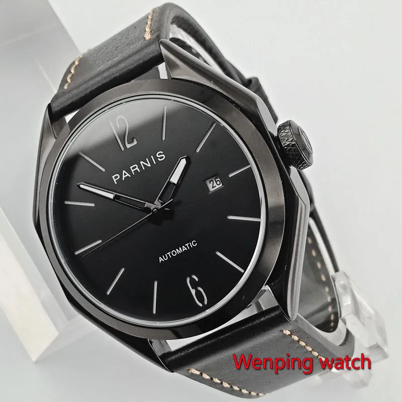 

Мужские часы PARNIS с черным циферблатом, 43 мм, многогранный, с сапфировым стеклом с PVD покрытием, подарок с датой, кожаный ремешок, Miyota 821A, механ...